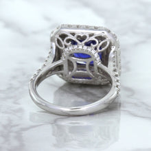Load image into Gallery viewer, 4.35ct Cushion Blue Sapphire Ring with Double Diamond Halo in 18K White Gold