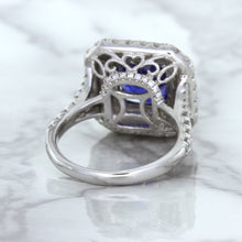 Load image into Gallery viewer, 4.35ct Cushion Blue Sapphire Ring with Double Diamond Halo in 18K White Gold