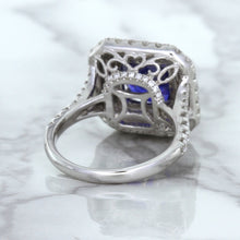 Load image into Gallery viewer, 4.35ct Cushion Blue Sapphire Ring with Double Diamond Halo in 18K White Gold