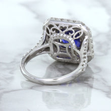 Load image into Gallery viewer, 4.35ct Cushion Blue Sapphire Ring with Double Diamond Halo in 18K White Gold