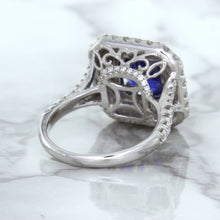 Load image into Gallery viewer, 4.35ct Cushion Blue Sapphire Ring with Double Diamond Halo in 18K White Gold