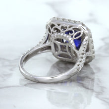 Load image into Gallery viewer, 4.35ct Cushion Blue Sapphire Ring with Double Diamond Halo in 18K White Gold