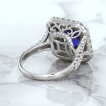 Load image into Gallery viewer, 4.35ct Cushion Blue Sapphire Ring with Double Diamond Halo in 18K White Gold