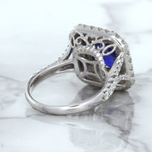 Load image into Gallery viewer, 4.35ct Cushion Blue Sapphire Ring with Double Diamond Halo in 18K White Gold