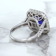 Load image into Gallery viewer, 4.35ct Cushion Blue Sapphire Ring with Double Diamond Halo in 18K White Gold