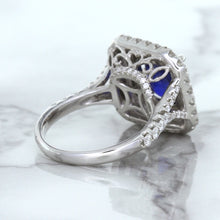 Load image into Gallery viewer, 4.35ct Cushion Blue Sapphire Ring with Double Diamond Halo in 18K White Gold