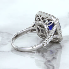 Load image into Gallery viewer, 4.35ct Cushion Blue Sapphire Ring with Double Diamond Halo in 18K White Gold