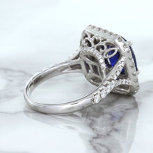 Load image into Gallery viewer, 4.35ct Cushion Blue Sapphire Ring with Double Diamond Halo in 18K White Gold