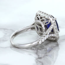 Load image into Gallery viewer, 4.35ct Cushion Blue Sapphire Ring with Double Diamond Halo in 18K White Gold