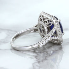 Load image into Gallery viewer, 4.35ct Cushion Blue Sapphire Ring with Double Diamond Halo in 18K White Gold