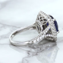 Load image into Gallery viewer, 4.35ct Cushion Blue Sapphire Ring with Double Diamond Halo in 18K White Gold