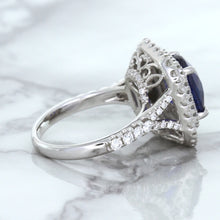Load image into Gallery viewer, 4.35ct Cushion Blue Sapphire Ring with Double Diamond Halo in 18K White Gold