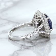 Load image into Gallery viewer, 4.35ct Cushion Blue Sapphire Ring with Double Diamond Halo in 18K White Gold