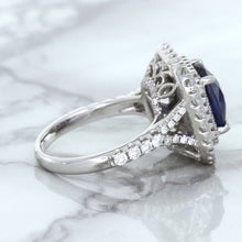 Load image into Gallery viewer, 4.35ct Cushion Blue Sapphire Ring with Double Diamond Halo in 18K White Gold