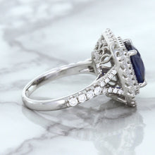 Load image into Gallery viewer, 4.35ct Cushion Blue Sapphire Ring with Double Diamond Halo in 18K White Gold