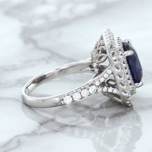 Load image into Gallery viewer, 4.35ct Cushion Blue Sapphire Ring with Double Diamond Halo in 18K White Gold