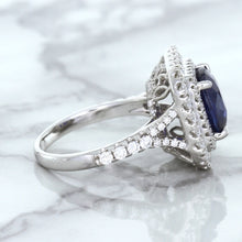 Load image into Gallery viewer, 4.35ct Cushion Blue Sapphire Ring with Double Diamond Halo in 18K White Gold
