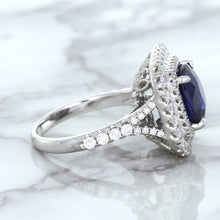 Load image into Gallery viewer, 4.35ct Cushion Blue Sapphire Ring with Double Diamond Halo in 18K White Gold