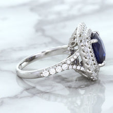 Load image into Gallery viewer, 4.35ct Cushion Blue Sapphire Ring with Double Diamond Halo in 18K White Gold