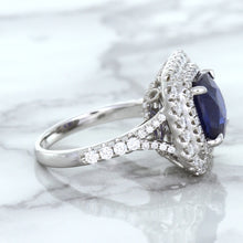 Load image into Gallery viewer, 4.35ct Cushion Blue Sapphire Ring with Double Diamond Halo in 18K White Gold