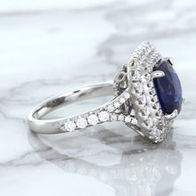 Load image into Gallery viewer, 4.35ct Cushion Blue Sapphire Ring with Double Diamond Halo in 18K White Gold