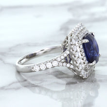Load image into Gallery viewer, 4.35ct Cushion Blue Sapphire Ring with Double Diamond Halo in 18K White Gold