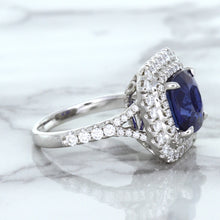 Load image into Gallery viewer, 4.35ct Cushion Blue Sapphire Ring with Double Diamond Halo in 18K White Gold