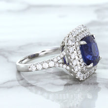 Load image into Gallery viewer, 4.35ct Cushion Blue Sapphire Ring with Double Diamond Halo in 18K White Gold