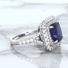 Load image into Gallery viewer, 4.35ct Cushion Blue Sapphire Ring with Double Diamond Halo in 18K White Gold