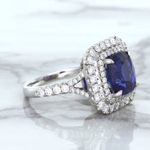 Load image into Gallery viewer, 4.35ct Cushion Blue Sapphire Ring with Double Diamond Halo in 18K White Gold