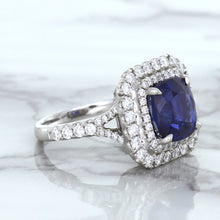 Load image into Gallery viewer, 4.35ct Cushion Blue Sapphire Ring with Double Diamond Halo in 18K White Gold