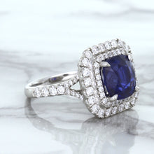 Load image into Gallery viewer, 4.35ct Cushion Blue Sapphire Ring with Double Diamond Halo in 18K White Gold