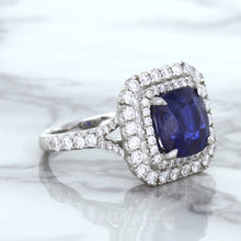 Load image into Gallery viewer, 4.35ct Cushion Blue Sapphire Ring with Double Diamond Halo in 18K White Gold