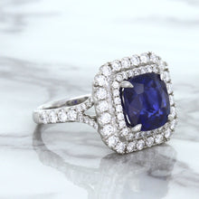 Load image into Gallery viewer, 4.35ct Cushion Blue Sapphire Ring with Double Diamond Halo in 18K White Gold