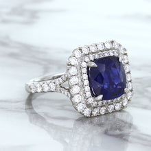 Load image into Gallery viewer, 4.35ct Cushion Blue Sapphire Ring with Double Diamond Halo in 18K White Gold
