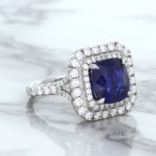 Load image into Gallery viewer, 4.35ct Cushion Blue Sapphire Ring with Double Diamond Halo in 18K White Gold
