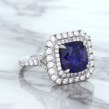 Load image into Gallery viewer, 4.35ct Cushion Blue Sapphire Ring with Double Diamond Halo in 18K White Gold