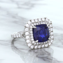 Load image into Gallery viewer, 4.35ct Cushion Blue Sapphire Ring with Double Diamond Halo in 18K White Gold