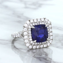 Load image into Gallery viewer, 4.35ct Cushion Blue Sapphire Ring with Double Diamond Halo in 18K White Gold