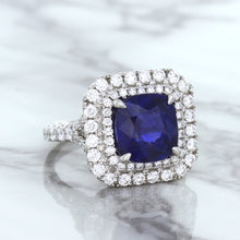 Load image into Gallery viewer, 4.35ct Cushion Blue Sapphire Ring with Double Diamond Halo in 18K White Gold