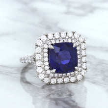 Load image into Gallery viewer, 4.35ct Cushion Blue Sapphire Ring with Double Diamond Halo in 18K White Gold