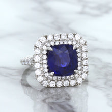 Load image into Gallery viewer, 4.35ct Cushion Blue Sapphire Ring with Double Diamond Halo in 18K White Gold