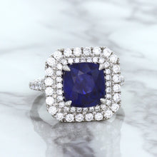 Load image into Gallery viewer, 4.35ct Cushion Blue Sapphire Ring with Double Diamond Halo in 18K White Gold