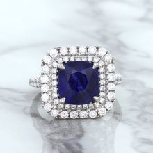 Load image into Gallery viewer, 4.35ct Cushion Blue Sapphire Ring with Double Diamond Halo in 18K White Gold