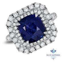 Load image into Gallery viewer, 4.35ct Cushion Blue Sapphire Ring with Double Diamond Halo in 18K White Gold
