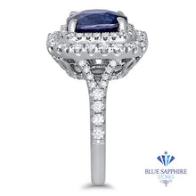 Load image into Gallery viewer, 4.35ct Cushion Blue Sapphire Ring with Double Diamond Halo in 18K White Gold