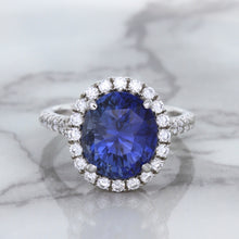 Load image into Gallery viewer, 7.86ct Oval Blue Sapphirewith diamond halo in 18K White Gold