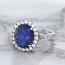 Load image into Gallery viewer, 7.86ct Oval Blue Sapphirewith diamond halo in 18K White Gold