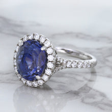 Load image into Gallery viewer, 7.86ct Oval Blue Sapphirewith diamond halo in 18K White Gold