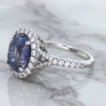 Load image into Gallery viewer, 7.86ct Oval Blue Sapphirewith diamond halo in 18K White Gold